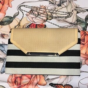Stella & Dot crossbody clutch black/white Striped with beige flap chain strap